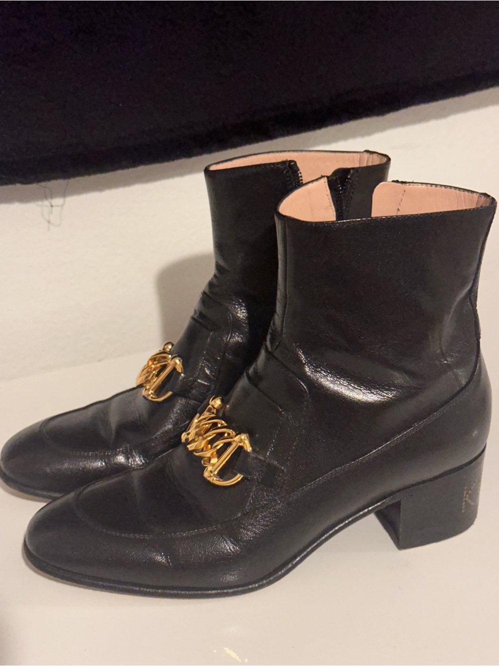 Gucci Black Leather Ankle Boots with Gold Chain Hardware